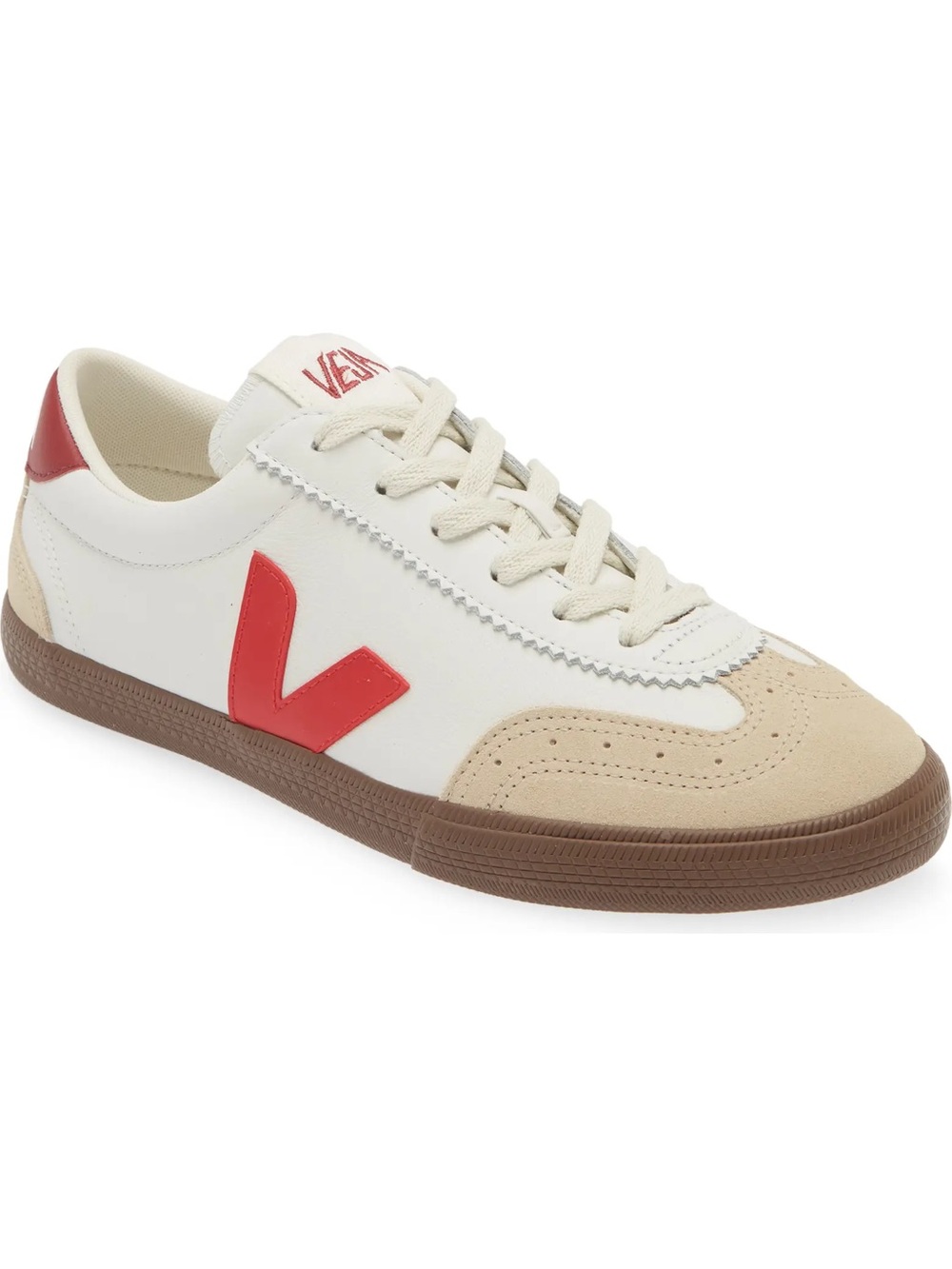 Veja OT Volley Leather Sneakers in White/Pekin/Bark (Red)